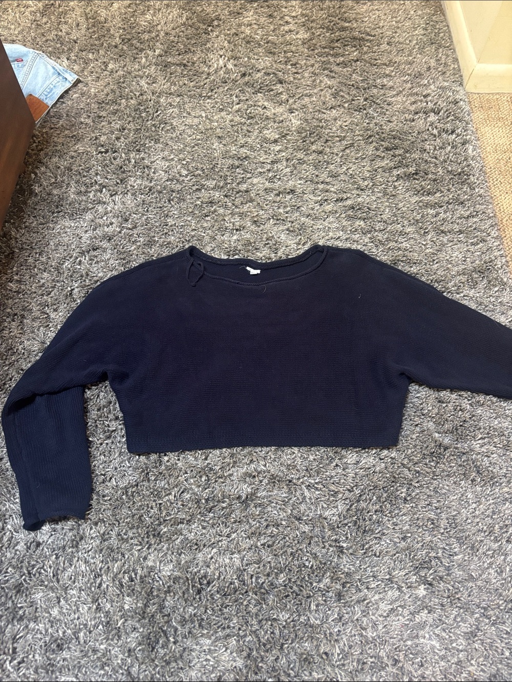 Garage Cropped Navy Knit Sweater - Classic Crewneck